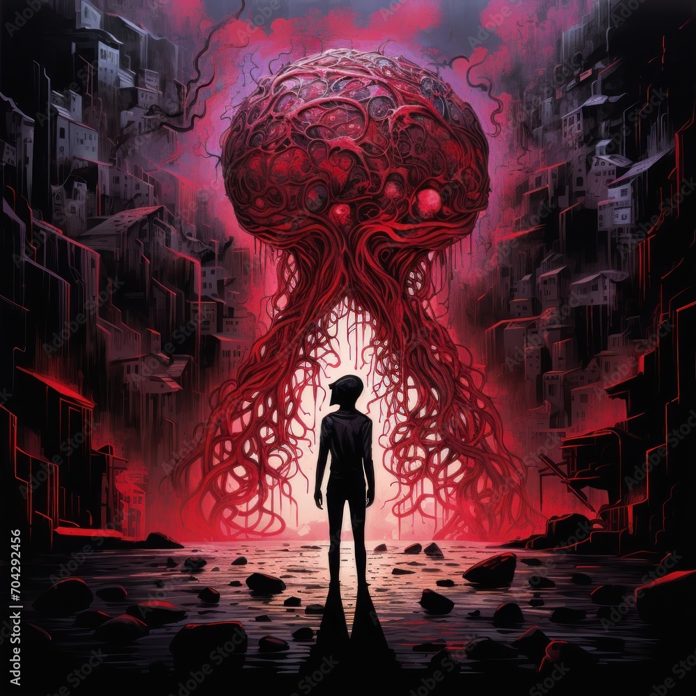 Poster a person standing in front of a giant red object in the middle of a city with a giant head on top of