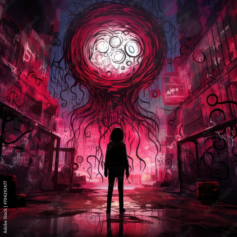 Poster a person standing in a dark alley with a giant red object in the middle of the room and a red light 