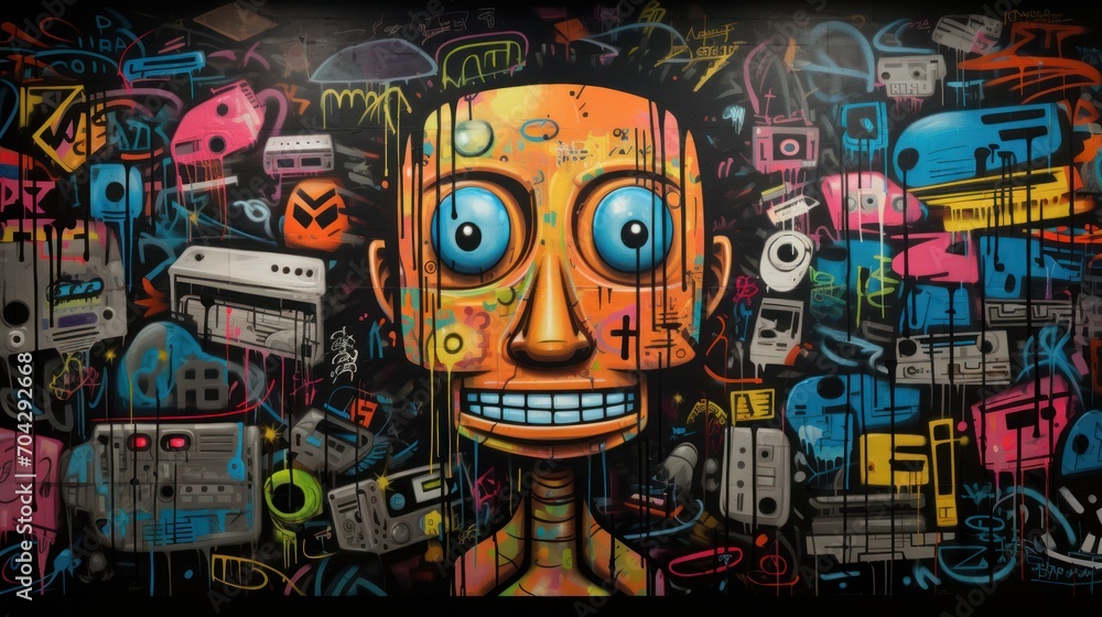 Canvas Prints  a painting of a face surrounded by a lot of different types of electronic gadgets and music tape recorders.