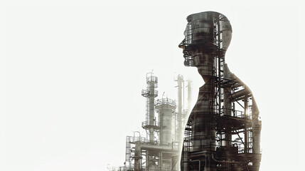Fototapeta na wymiar man full body silhouette with double exposure of Industrial plant silhouette, white background. Generative AI