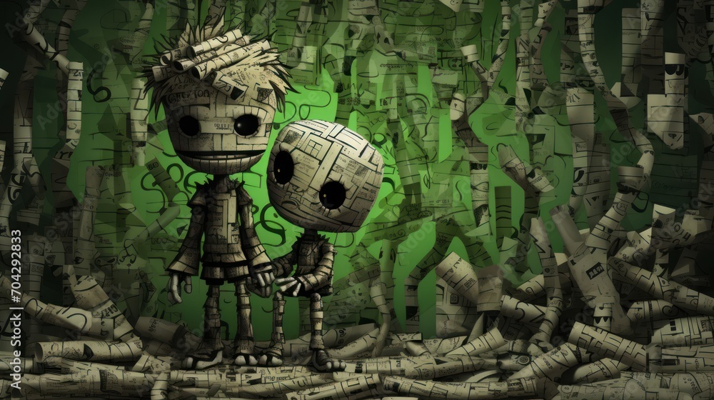 Poster a digital painting of a boy and a robot in a forest full of paper machs with a green background.