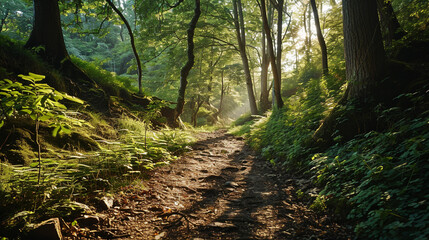 Obraz premium An image of a tranquil forest path, surrounded by lush greenery and dappled sunlight.