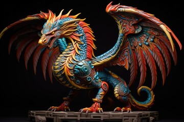 Fototapeta premium Vibrant close-up of a Chinese dragon sculpture set against a black backdrop, ideal for New Year projects.