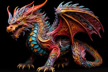 Fototapeta premium Vibrant close-up of a Chinese dragon sculpture set against a black backdrop, ideal for New Year projects.