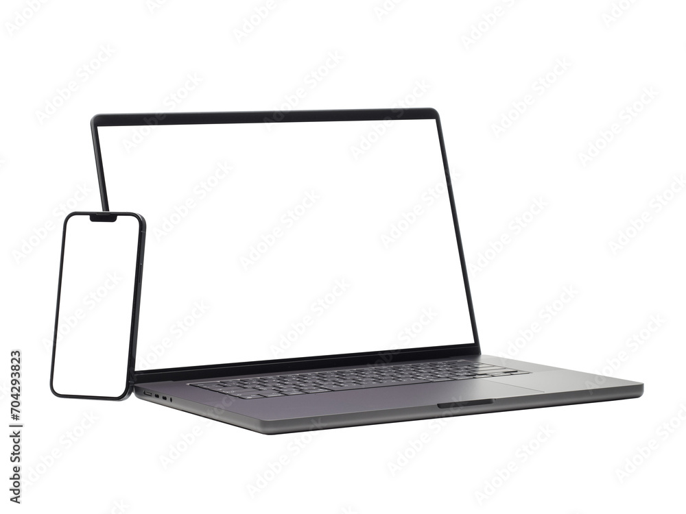 Poster laptop and smart phone with blank screen isolated on transparent background with clipping path..
