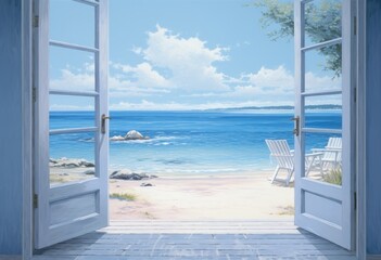 Spacious room with a large door offering a view of the paradise beach.