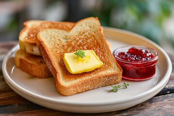 sweet breakfast toast with jam and butter on a plate - obrazy, fototapety, plakaty