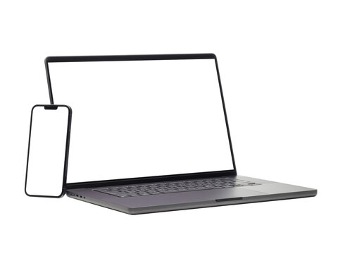 Laptop and smart phone with blank screen isolated on transparent background with clipping path..