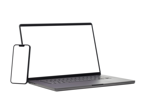 Laptop and smart phone with blank screen isolated on transparent background with clipping path..