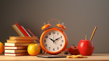 Vintage school supplies on a wooden desk with an orange alarm clock and a red apple - perfect for educational concepts and back-to-school designs. - Powered by Adobe