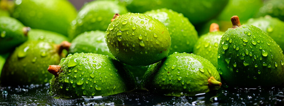There are a lot of wet feijoa fruits. Selective focus.