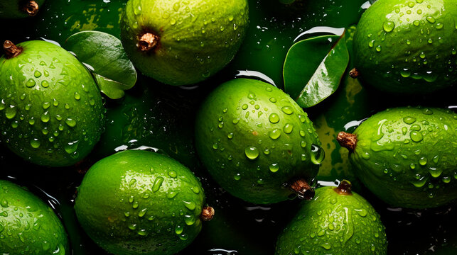 There are a lot of wet feijoa fruits. Selective focus.