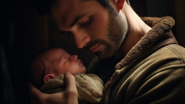 Close-up portrait of a young dad holding a newborn baby in his arms. Father's Day, family concept.