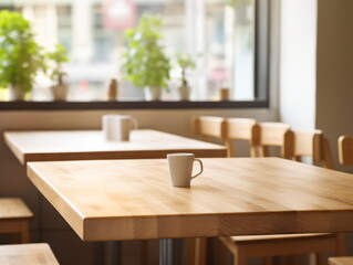 An empty white coffee cup on a wooden table in a cafe