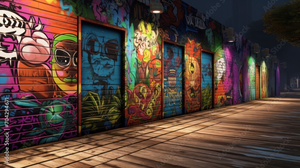 Poster a row of brightly colored graffiti on the side of a building with a sidewalk in front of it at night