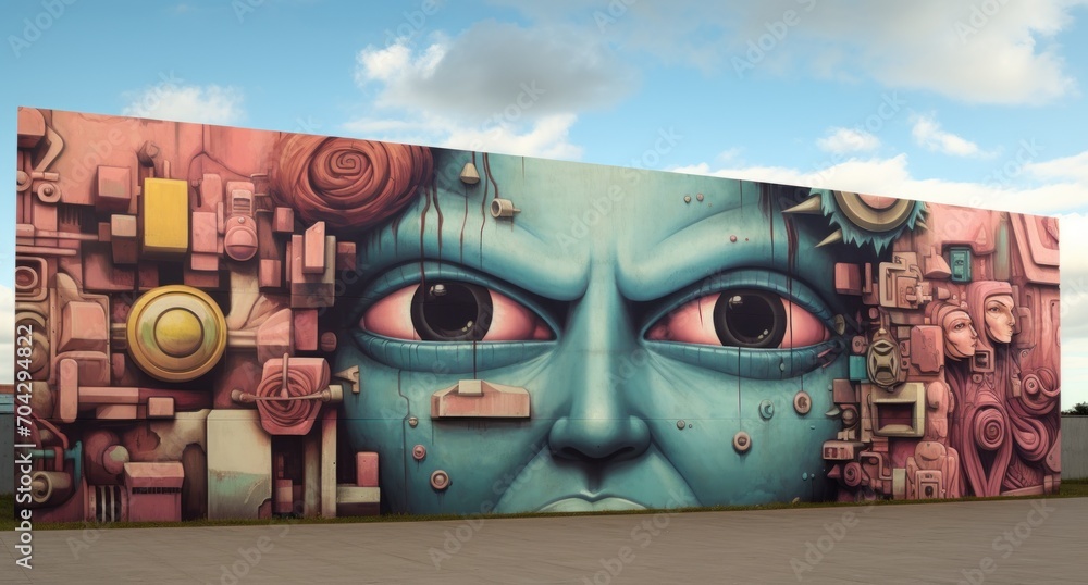 Poster a large mural on the side of a building with a blue face and many different types of machinery on it