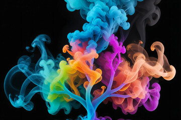 Gradient colorful colored smoke abstract background in the shape of a tree, pure black background