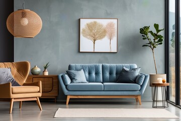 Blue and brown living room interior with sofa, armchair, coffee table, rug, plants, and artwork