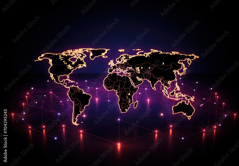 Poster a map of the world is shown on a dark background with red and blue lights and points of light around