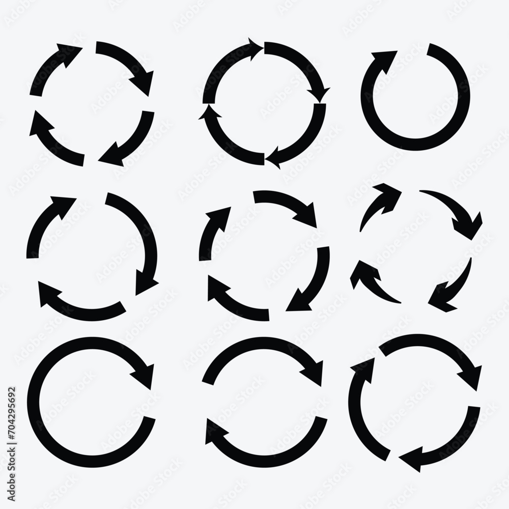 Poster black arrows in circular motion. arrow combinations. rotation arrows. circle arrow icon. recycling f