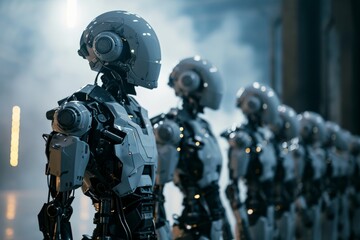 Fototapeta na wymiar Many identical AI robots 