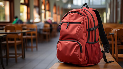 School backpack on the bench nearby a school, concept of education	