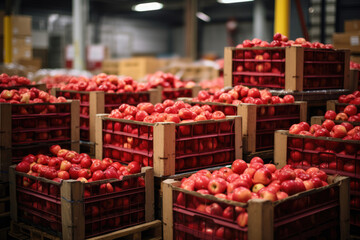 Fototapeta na wymiar Organic ripe apples in wooden boxes at the warehouse