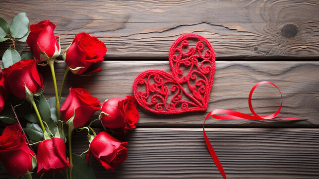 red roses and hearts on wooden background