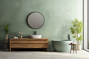 Modern bathroom interior with green walls and wooden bathtub