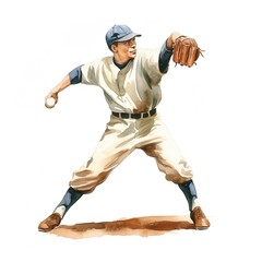 Vintage watercolor illustration of a baseball pitcher