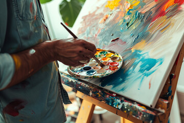 a person man of Hispanic descent, painting on a canvas in a bright, airy studio, vibrant colors, focus on the paint palette and the joy of artistic expression