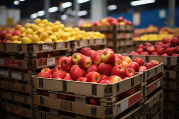 Ripe apples in boxes in a supermarket warehouse