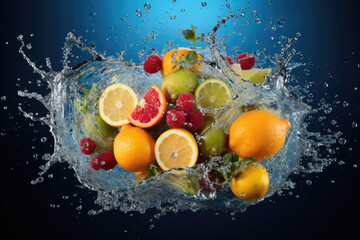 Fruits on blue background in water splash