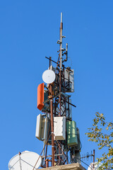 Telecommunication antennas and wireless communication antenna transmitter against the blue sky