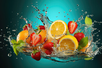 Fruits fall into the water with splashes