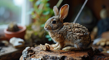 Fototapeta premium An image of a cork rabbit, with ears cut from thin slices of cork and a fluffy tail.