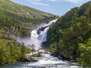 Fototapeta na wymiar Nyastølfossen the second waterfall in the Husedalen valley