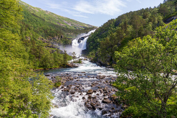 Fototapeta na wymiar Nyastølfossen the second waterfall in the Husedalen valley