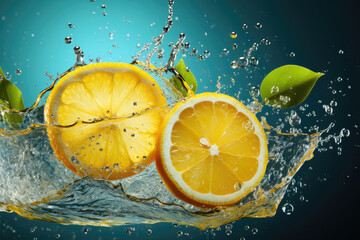 Fresh cut lemons in splashes of water