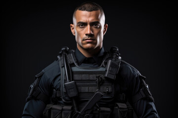 Fototapeta premium Serious man police officer in uniform and body armor