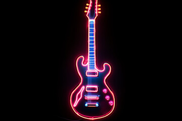Guitar Illuminated in Neon Brilliance Against a Stygian Background