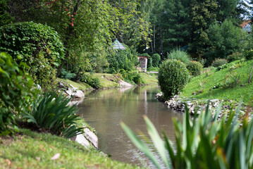 A cozy garden with a decorative lake and a bridge in summer.