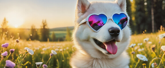 Dog wearing heart shaped sunglasses in a sunny meadow