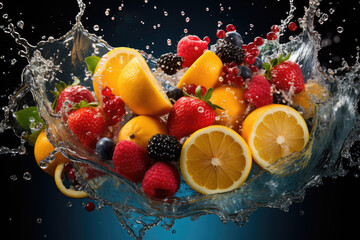 Fruits fall into the water with splashes