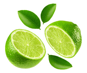 Lime isolated. Two halves of ripe lime with leaves on a transparent background. Fruit levitation.