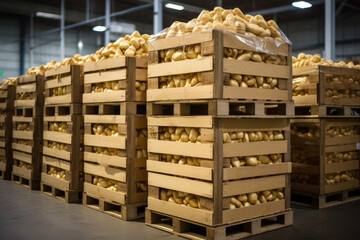 Fresh organic potatoes in boxes in the warehouse