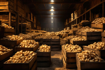 Fresh organic potatoes in boxes in the warehouse