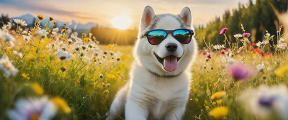 Dog wearing sunglasses in a sunny meadow