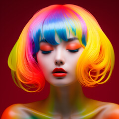 Obraz na płótnie Canvas Portrait of a beautiful asian woman with colorful hair and bright makeup ioslated on bright futuristic background