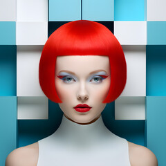 Portrait of a beautiful  woman with red hair and bright makeup ioslated on bright futuristic background